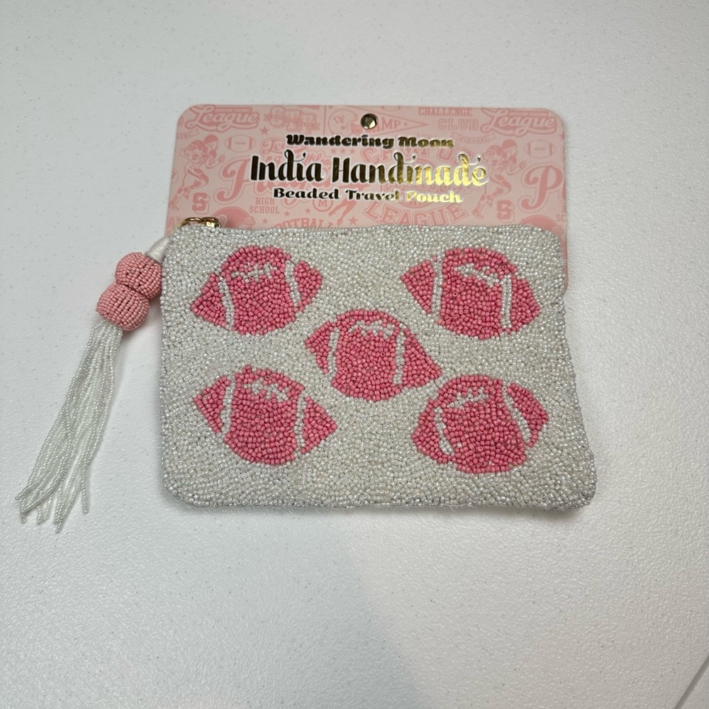 India Handmade in Wandering Moon Beaded Pouch Bag‎ Football White/Pink Game Day